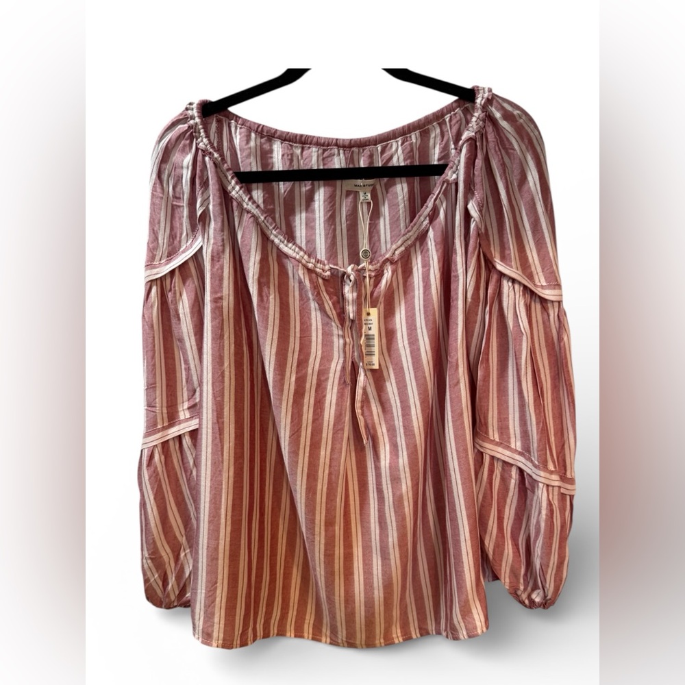 Max Studio Pink and White Striped Flowy Cottagecore Blouse. NWT SZ M